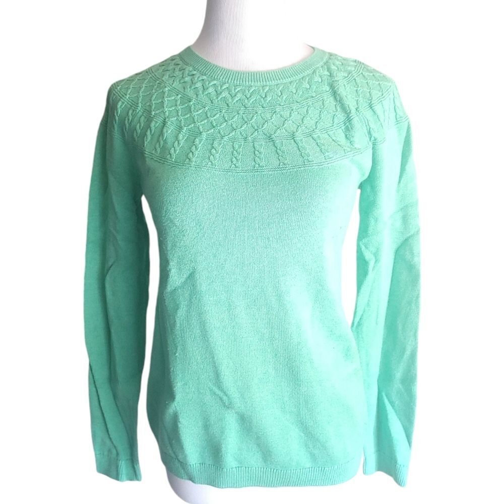 Talbots Green Cable Knit Raglan Cashmere Blend Crewneck Sweater Womens Small